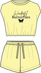 Cropped tank top and shorts. woman sleepwear set. crop top and high waist short set drawing with butterfly print pattern. 