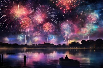 Stunning Fireworks above Lake in the Night, Colorful fireworks over Vistula river in Warsaw,...