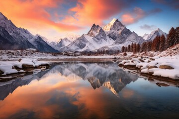Fototapeta premium Beautiful winter landscape of Matterhorn peak reflected in lake, snow-capped mountains on a cloudy day near the water, A breathtaking scene of snow-capped mountains