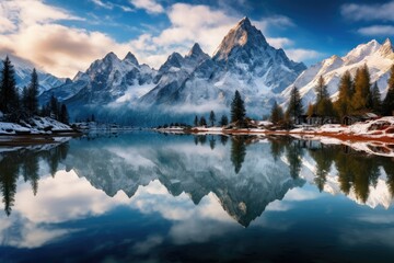 Fototapeta na wymiar Fantastic winter landscape of snow-capped mountains and lake, Dramatic overcast sky, Beauty of world, Serene winter landscape, snow-capped mountains on a cloudy day near the water