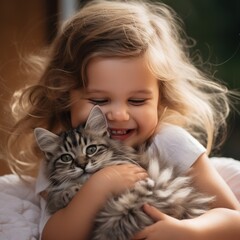 An adorable toddler giggles with delight as she snuggles a fuzzy little kitten in her arms.