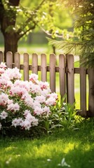 An idyllic spring garden scene with a wooden fence and green grass,