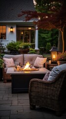 An outdoor patio with a fire pit and comfortable seating,