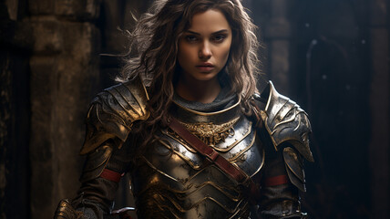 beautiful woman in armor with a sword - obrazy, fototapety, plakaty