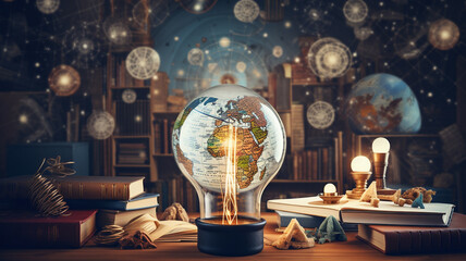 globe and books on wooden table. - obrazy, fototapety, plakaty