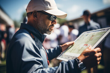 Close-up of a coach wearing a cap and T-shirt watching the game on the field. Takes notes on a tablet. Team players in the background. The coach studies the game strategy. - obrazy, fototapety, plakaty