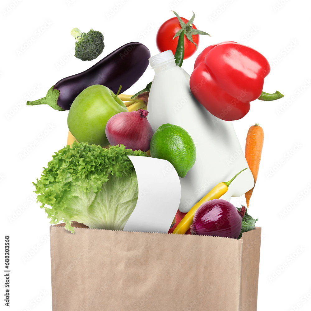 Poster different food products falling into paper bag on white background