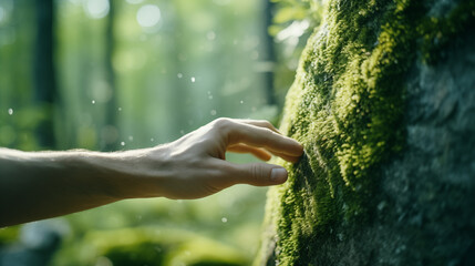 Male hand touches a tree with moss in the wild forest. Forest ecology. Wild nature, wild life....
