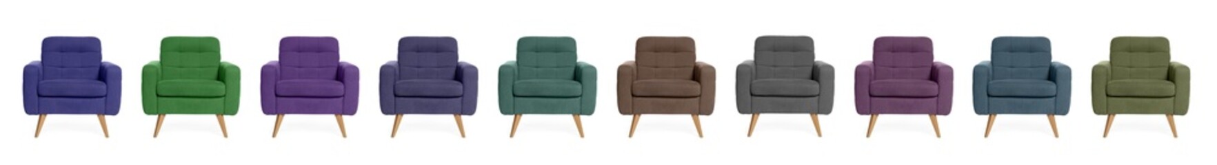 Different colorful armchairs isolated on white, set