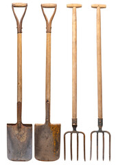 Old tools for tilling the land on the farm. Forks and spade on isolated background.