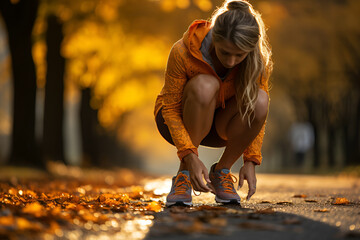 Female runner tying her shoes preparing for a jog focus on her shoes - obrazy, fototapety, plakaty
