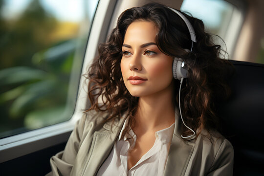 Traveling and technology. young business woman while sitting in airplane