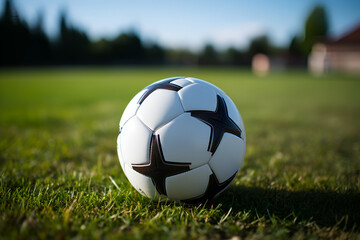 Fototapeta premium A soccer ball lies on the green grass