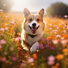 Frolicking Corgi in a Vibrant Wildflower Field Captured with a Wide-Angle Lens