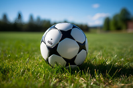 A soccer ball lies on the green grass