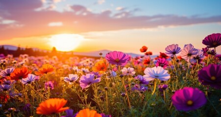 colorful flowers in a field with blue sky and sun