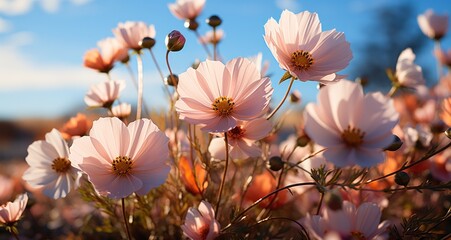 colorful flowers in a field with blue sky and sun