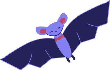 Obraz premium Cute bat in flight. Flying smiling animal. Chiropteran Mammal. Character for a child. Funny Vampire. Kawaii Halloween symbol. Isolated. Color image, purple shades. Vector illustration