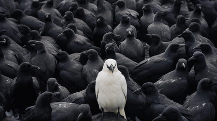 A white crow among black crows. The concept of being different. Not like everyone else. Loneliness. Isolation, one amidst the crowd.