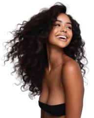Foto op Aluminium Portrait of a beautiful young black woman with long hair smiling, transparent background (PNG) © Georgina Burrows