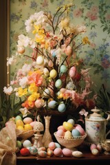 Fototapeta premium A classic Easter scene featuring a basket of eggs and a decorated Easter egg tree