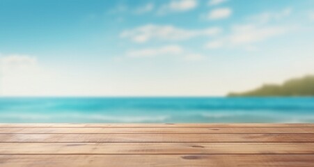 Fototapeta premium empty wooden table with an ocean view and sky with cloudy sky