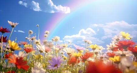 field of flowers with a rainbow behind it,