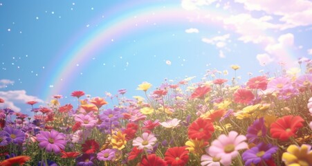 Fototapeta na wymiar field of flowers with a rainbow behind it,