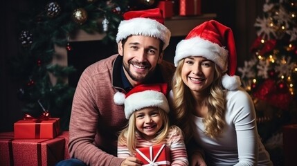 Fototapeta na wymiar Happy family in Santa hats with gifts and decorations