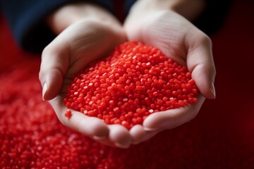 Human hands holding red plastic granules for injection molding process
