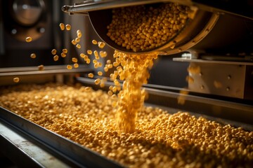Flowing golden soybeans in agricultural processing plant - obrazy, fototapety, plakaty
