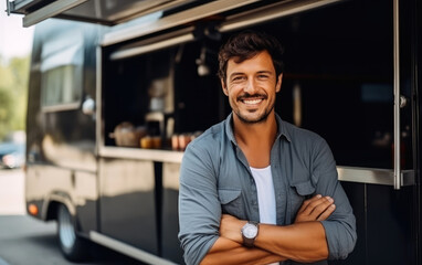 Happy smiling male small business owner posing near his food truck