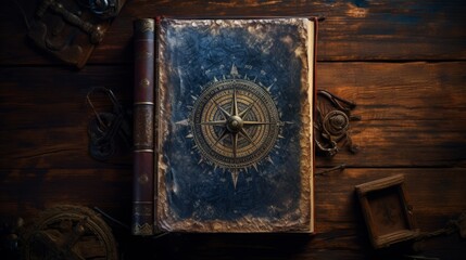 Fototapeta na wymiar ancient book on wooden table, top view, nautical, product photography, copy space, 16:9