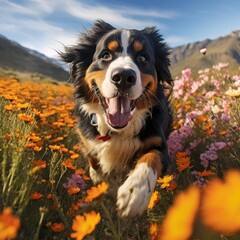 Bernese Mountain Dog's Joy in a Wildflower Meadow: A High-Resolution Photographic Masterpiece - obrazy, fototapety, plakaty