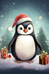 Cute penguin in a hat with gifts, illustration a winter forest, Christmas mood