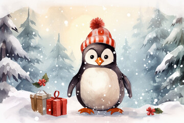 Fototapeta premium Cute penguin in a hat with gifts, illustration a winter forest, Christmas mood