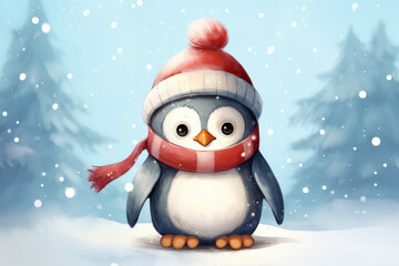 Cute penguin in a hat and scarf, illustration a winter forest, Christmas mood