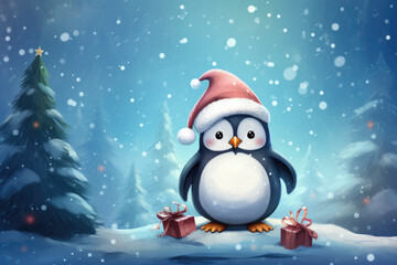 Cute penguin in a hat with gifts, illustration a winter forest, Christmas mood