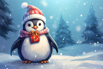 Fototapeta premium Cute penguin in a hat and scarf, illustration a winter forest, Christmas mood
