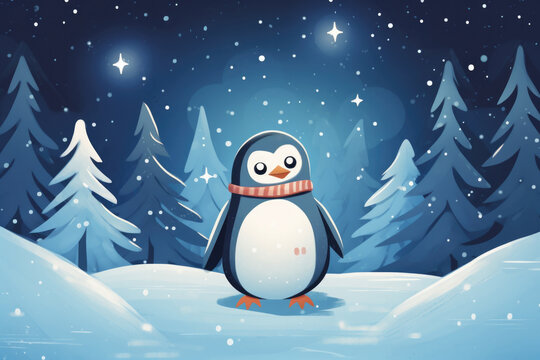 Cute penguin in a scarf, illustration a winter forest, Christmas mood
