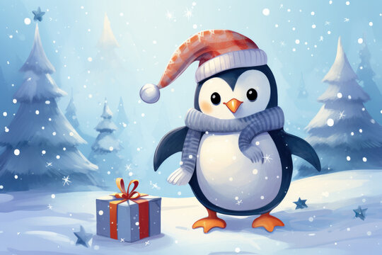 Cute penguin in a hat and scarf with gifts, illustration a winter forest, Christmas mood
