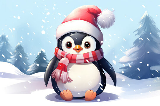 Cute penguin in a hat and scarf, illustration a winter forest, Christmas mood