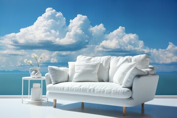 a white sofa on a blue sky background with clouds