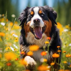 Bernese Mountain Dog Frolics in Wildflower Meadow: A Photographic Masterpiece