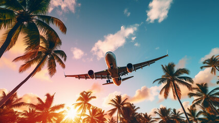 travel concept. airplane flying on the sky over the sunset.