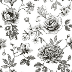 Abstract modern floral seamless pattern with hand drawn flower in Toile de jouy style. Retro elegance repeat print. Vintage design for fabric, wallpaper or wrapping - obrazy, fototapety, plakaty