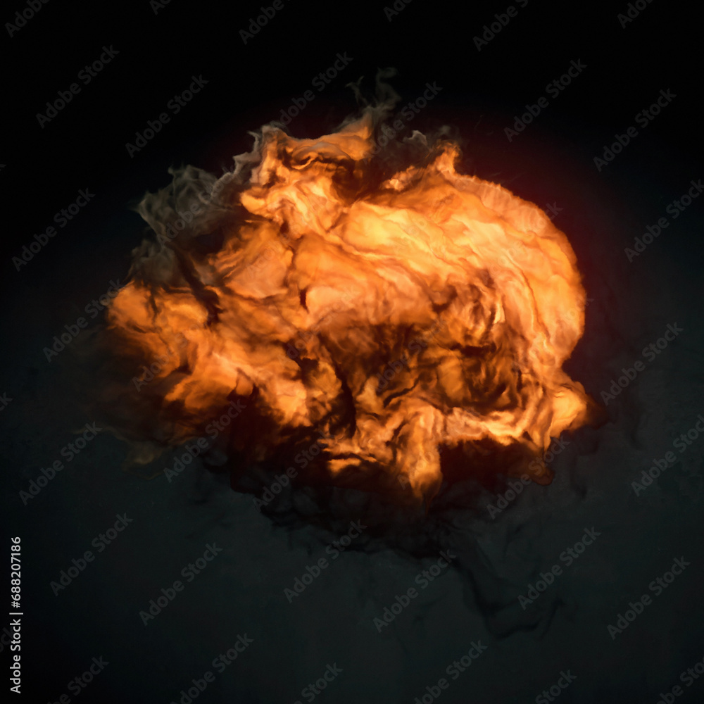 Poster Large orange fireball with swirls of smoke and flames around it. 3d rendering abstract background