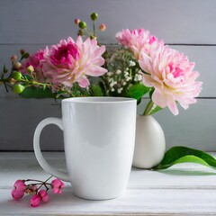 White coffee mug mockup on wooden table with flowers in vase, drink cup mock up