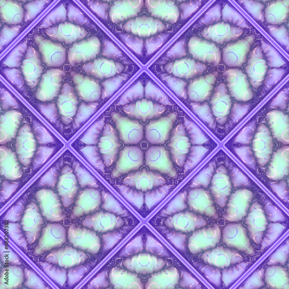 Poster mosaic of purple and blue geometric background with gold pattern on inflatable cushions. 3d renderin