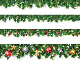 Christmas tree holiday decoration on transparent background, vector. Fir tree garland, border. Confetti, Christmas lights and golden glitter ornaments. Can be seamlessly repeated horizontally.